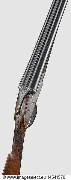 A Walker double-barreled shotgun  with Purdey barrels  cal. 12  no. 54673. Somewhat rough  reworked bores with usage marks  proof-marked London and Birmingham. Indistinct manufacturer's name 'Purdey' on barrel rib  no front sight. Barrel length 76 cm. Breech with double barrel hook lockings  side-locks with removed indicator  double trigger. Automatic slide safety on stock wrist (faulty). Ornamentally cut and sparsely engraved frame and bolt plates  signed 'W.Walker' on both sides. Finely grained English stock also with usage marks  distance trigger - centre of butlend 37 cm. Total length 119 cm. In leather-covered case lined with red felt  embossed name on lid 'H.K.N. Thurston'  on inside adhesive label 'John Patstone Breech Loading Gun & Rifle Manufacturer...'. Cleaning rod to be dismantled  further accessories. Case with strong wear marks and repairs. Appealing utility weapon with an interesting history. Erwerbsscheinpflichtig  historic  historical  20th century  hunting weapon  hunting weapons  modern  weapons  arms  weapon  arm  rifle  gun  rifles  guns  firearm  fire arm  gun  fire arms  firearms  guns  object  objects  stills  clipping  clippings  cut out  cut-out  cut-outs