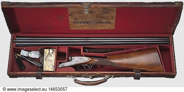 A Walker double-barreled shotgun  with Purdey barrels  cal. 12  no. 54673. Somewhat rough  reworked bores with usage marks  proof-marked London and Birmingham. Indistinct manufacturer's name 'Purdey' on barrel rib  no front sight. Barrel length 76 cm. Breech with double barrel hook lockings  side-locks with removed indicator  double trigger. Automatic slide safety on stock wrist (faulty). Ornamentally cut and sparsely engraved frame and bolt plates  signed 'W.Walker' on both sides. Finely grained English stock also with usage marks  distance trigger - centre of butlend 37 cm. Total length 119 cm. In leather-covered case lined with red felt  embossed name on lid 'H.K.N. Thurston'  on inside adhesive label 'John Patstone Breech Loading Gun & Rifle Manufacturer...'. Cleaning rod to be dismantled  further accessories. Case with strong wear marks and repairs. Appealing utility weapon with an interesting history. Erwerbsscheinpflichtig  historic  historical  20th century  hunting weapon  hunting weapons  modern  weapons  arms  weapon  arm  rifle  gun  rifles  guns  firearm  fire arm  gun  fire arms  firearms  guns  object  objects  stills  clipping  clippings  cut out  cut-out  cut-outs