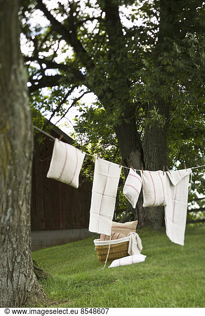 A washing line with household linens and washing hung out to dry in the fresh air.