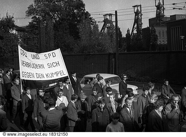 A wave of outrage swept the Ruhr area when the Hansa mine was closed  here at demonstrations in Dortmund-Huckarde on 21 October 1967. Banner: CDU and SPD fraternise against the miner  Germany  Europe