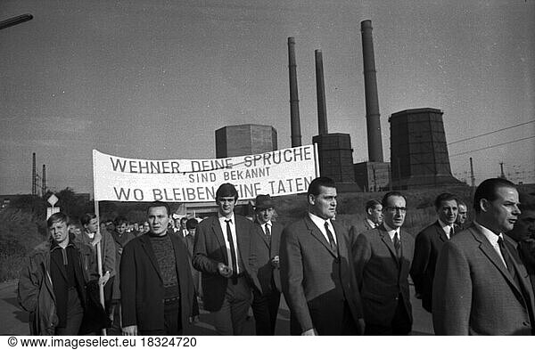 A wave of outrage swept the Ruhr area when the Hansa mine was closed  here at demonstrations on 21 October 1967 in Dortmund-Huckarde. Banner: Wehner  your slogans are well known. Where are your deeds  Germany?