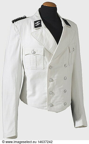 A white jacket for SS-Orderlies.  A fine white linen  double-breasted jacket with two breast pockets. Sewn  silver metal buttons  white cotton lining. Black collar patches with silver-embroidered runes and black-silver trim. Snap attachments. Slip-on shoulder strap of black-silver cord on black backing. Large size. Cf. Beaver  Uniforms of the Waffen SS  vol. II  p. 607. historic  historical  1930s  1930s  20th century  Waffen-SS  armed division of the SS  armed service  armed services  NS  National Socialism  Nazism  Third Reich  German Reich  Germany  military  militaria  utensil  piece of equipment  utensils  object  objects  stills  clipping  clippings  cut out  cut-out  cut-outs  fascism  fascistic  National Socialist  Nazi  Nazi period  uniform  uniforms  clothes  outfit  outfits  textile
