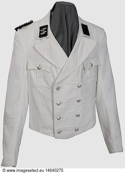 A white jacket for SS Orderlies  A fine white linen  double-breasted jacket with two breast pockets. Sewn  silver metal buttons  white cotton lining. Black collar patches with silver-embroidered runes and black/silver trim. Snap attachments. Slip-on shoulder board of black/silver cord on black backing. Large size. Comes with five photographs of the wearer. Cf. Beaver  Uniforms of the Waffen SS  vol. II  p. 607  historic  historical  1930s  1930s  20th century  Waffen-SS  armed division of the SS  armed service  armed services  NS  National Socialism  Nazism  Third Reich  German Reich  Germany  military  militaria  utensil  piece of equipment  utensils  object  objects  stills  clipping  clippings  cut out  cut-out  cut-outs  fascism  fascistic  National Socialist  Nazi  Nazi period  uniform  uniforms  clothes  outfit  outfits  textile