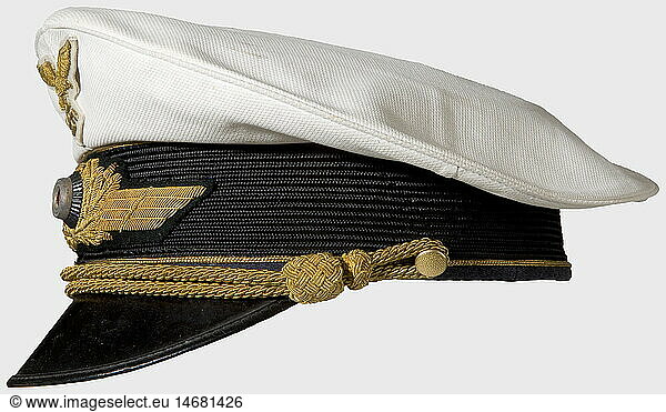 A white visor cap for generals  of the Luftwaffe Cover of white waffle piqué  silk liner with maker's label 'EREL Sonderklasse'. Black moireé band  gold-embroidered oak leave wreath and Luftwaffe eagle as well as gold cap cord. historic  historical  1930s  1930s  20th century  Air Force  branch of service  branches of service  armed service  armed services  military  militaria  air forces  object  objects  stills  clipping  clippings  cut out  cut-out  cut-outs  uniform  uniforms  clothes  piece of clothing  headpiece  headpieces  cap  caps  hat  hats  bonnet  bonnets  accessory  accessories