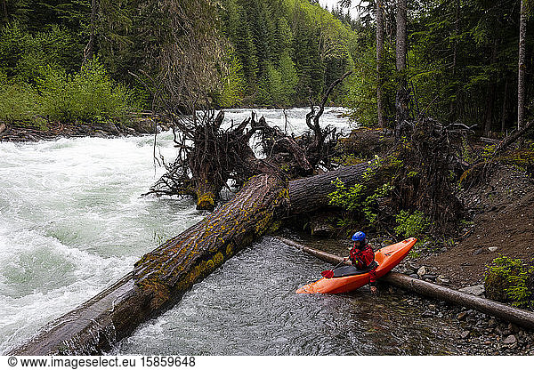 A white water kayaker prepares to enter the water on the Cheakamus.