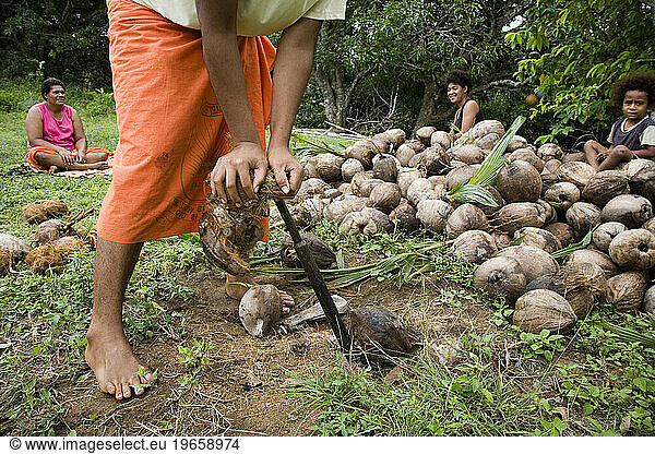 A woman breaks open a coconut while her friends watch from behind.