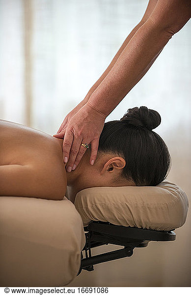 A woman getting a massage in the Edgewood spa in Stateline  Nevada.