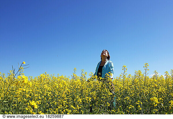 A woman in a field with yellow flowers on a blue sky background