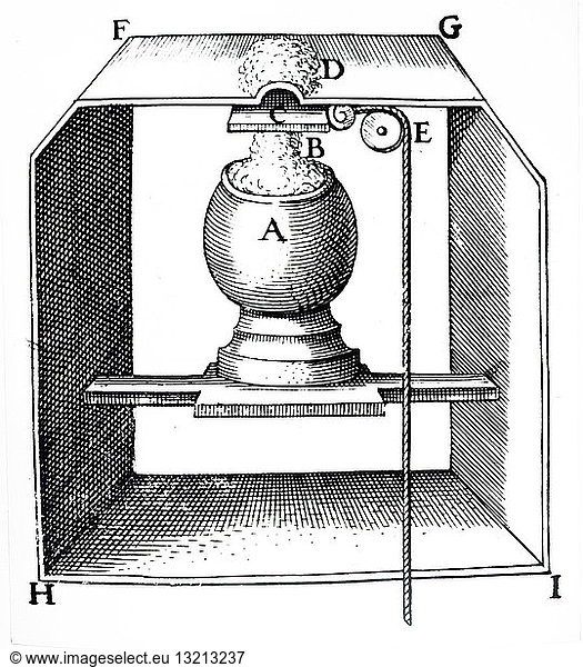 A woodcut engraving depicting the Hero of Alexandria's device to secretly setting fire to a sacrifice