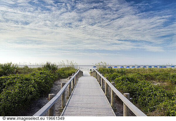 A wooden walkway heads towards the beach on Hilton Head Island  SC.