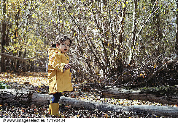 A 2 year old girl in a yellow raincoat in nature