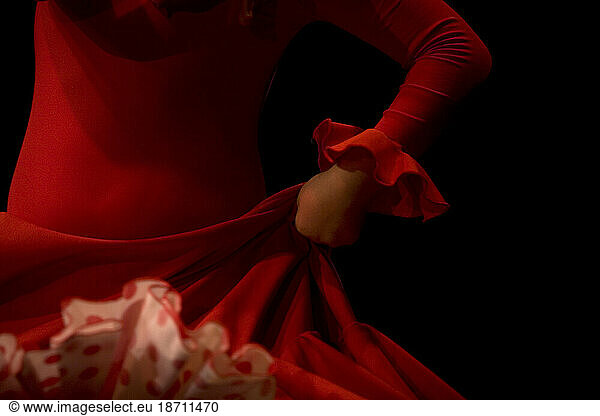 A young Flamenco student holds her dress during class in Prado del Rey  Cadiz province  Andalusia  Spain.