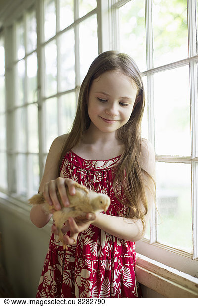 A Young Girl In A Floral Sundress  Holding A Young Chick Carefully In Her Hands.