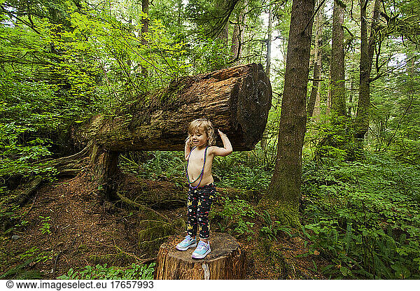 A young girl stands on stump under fallen tree in forest