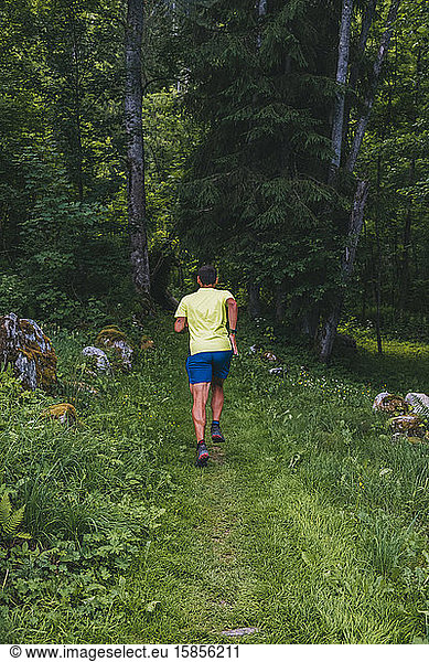 A young man trail runs through Chamonix forest  France.