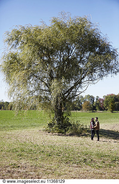 A young woman and man standing next to a tree in a field  looking at each other.