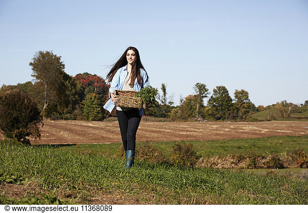 A young woman in working clothes walking across a field  holding a basket of crops.