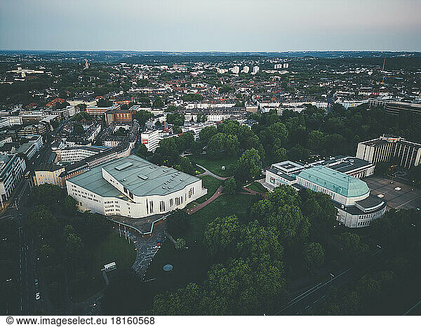 Aalto Theater in Essen at dusk seen from above