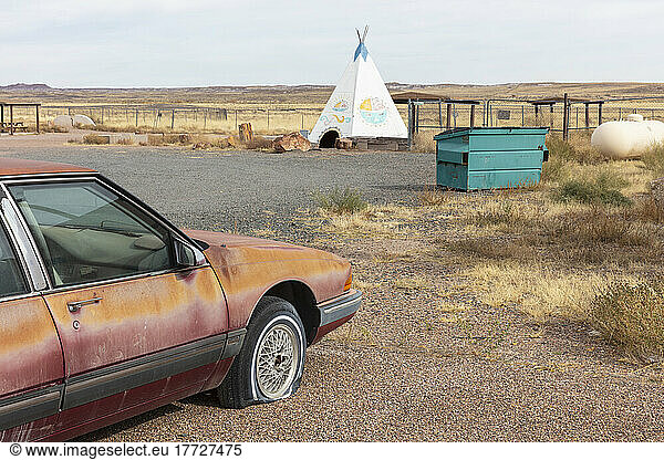 Abandoned car at Native American Indian-themed rest stop