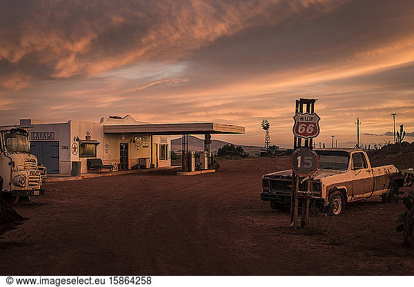 Abandoned gas station and garage at sunset  Cape Town  South Africa