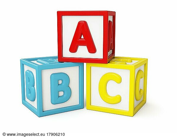 ABC Alphabet Bausteine mit Buchstaben vor weißem Hintergrund