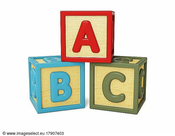 ABC Alphabet Holzbausteine mit Buchstaben vor weißem Hintergrund