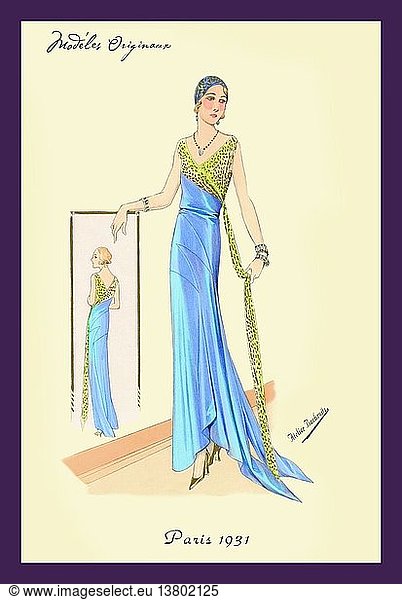 Abendkleid in Blau und Gold 1930