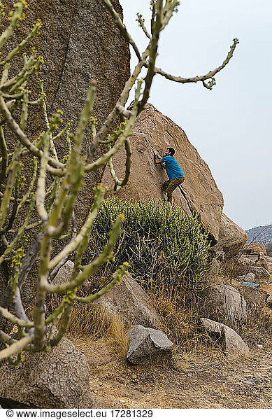 Abenteuerlustiger junger Mann beim Klettern auf einen felsigen Berg  Karnataka  Hampi  Indien
