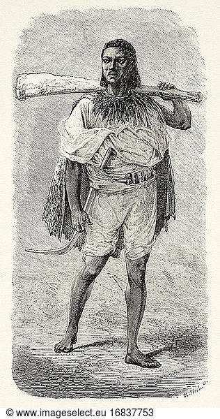 Abessinischer Gewehrschütze  Äthiopien. Alter Kupferstich aus dem 19. Jahrhundert  Narrative of a Journey through Abyssinia von Guillaume Lejean aus El Mundo en La Mano 1879.