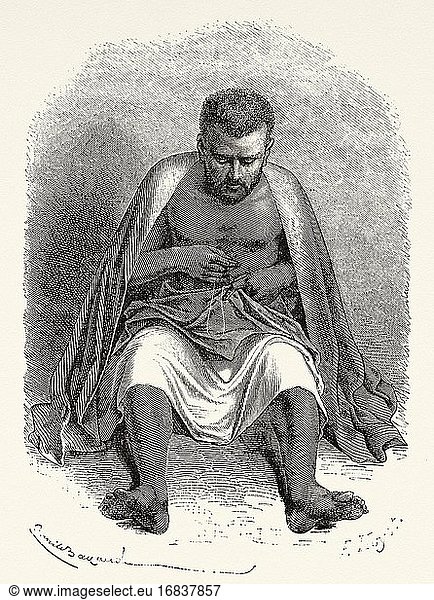 Abessinischer Schneider alt  Äthiopien. Alter Stich aus dem 19. Jahrhundert  Erzählung einer Reise durch Abessinien von Guillaume Lejean aus El Mundo en La Mano 1879.