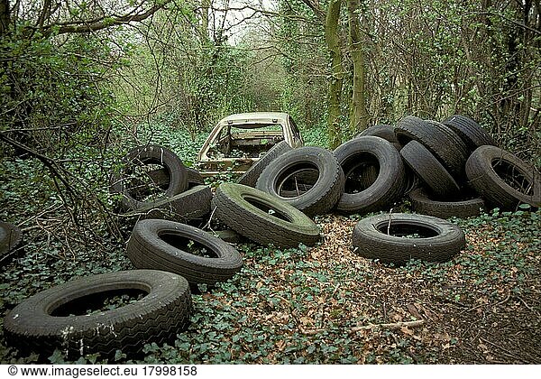 Abgekippter Wagen und Reifen in Waldlichtung  Hennegau-Wald  Essex  England  Frühling