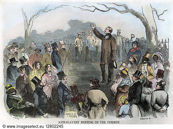 ABOLITION: PHILLIPS  1851. Wendell Phillips speaking against the Fugitive Slave Act on Boston Common in 1851: of interest is the number of seemingly prosperous freedmen in the audience. Engraving from a contemporary American newspaper  1851.