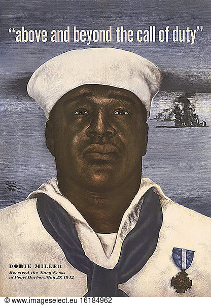 Above and Beyond the call of Duty--Dorie Miller received the Navy Cross at Pearl Harbor  May 27  1942  Poster  artist David Stone Martin  U.S. Office of War Information  1943