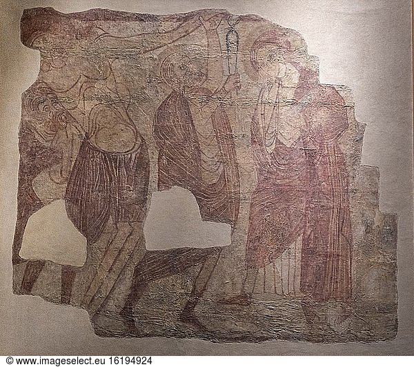 Abstieg  träger Körper Christi in den Händen von Jos? de Arimatea  Wandmalerei von Concilio  1300  Fresko abgerissen und auf Leinwand übertragen  aus der Einsiedelei der Jungfrau von Concilio  Diözesanmuseum von Jaca  Huesca  Spanien.