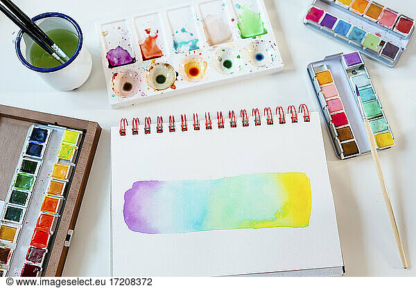 Abstract of rainbow water color painting with equipment on table