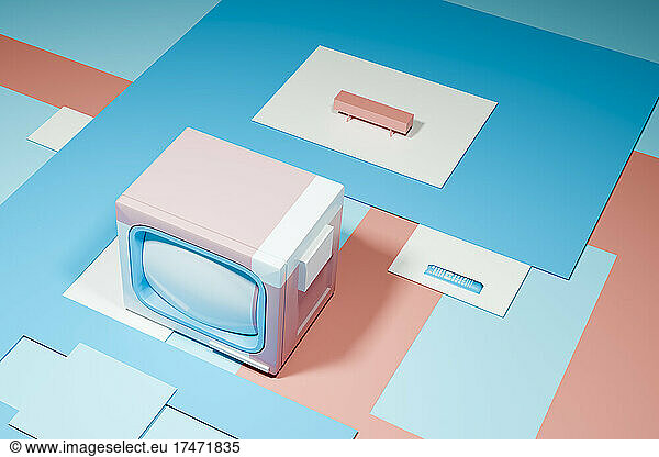 Abstract three dimensional render of pastel colored retro TV set
