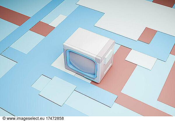 Abstract three dimensional render of pastel colored retro TV set