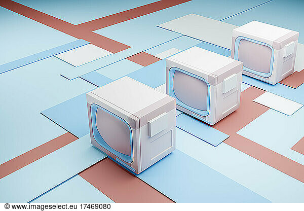 Abstract three dimensional render of three pastel colored retro TV sets