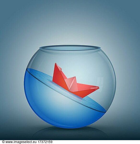 Abstrakte Idee  wie ein rotes Papier Origami Boot schwimmen in einer Glasschale mit Wasser. Umgeben von der Fischtank Begrenzung  nirgendwo zu gehen. Vektor konzeptionelle Illustration