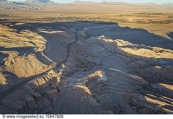 access road to San Pedro de Atacama from aerial view