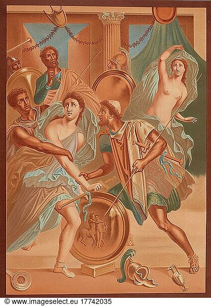 Achilles  in der griechischen Mythologie ein beinahe unverwundbarer Heros der Griechen  in Skyros  Wandmalerei  Fresko aus dem historischen Pompeji  digital restauriert