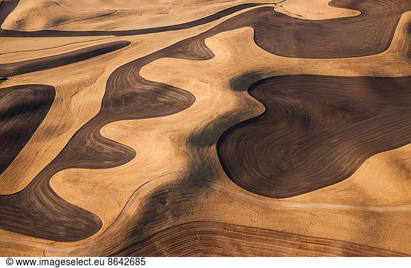 Ackerlandschaft mit gepflügten Feldern und Furchen in Palouse  Washington  USA. Eine Luftaufnahme mit natürlichen Mustern.