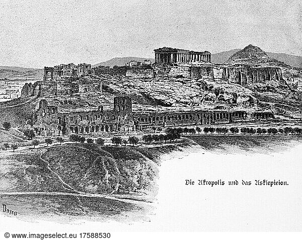 Acropolis and Asklepieion  columns  hilly landscape  rocks  ruins  historical illustration 1897  Athens  Greece  Europe