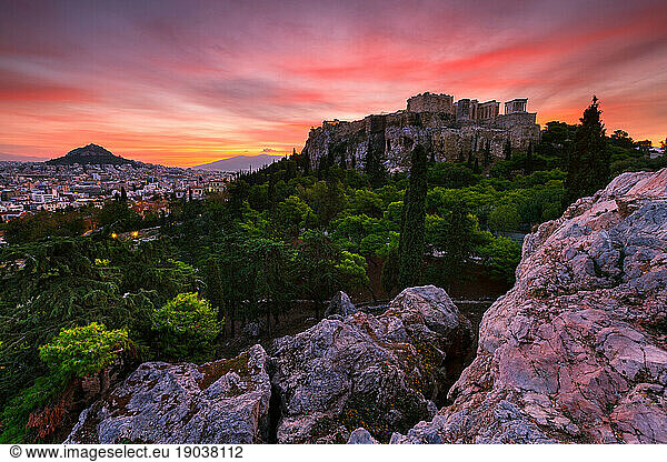 Acropolis and view of Athens from Areopagus hill.