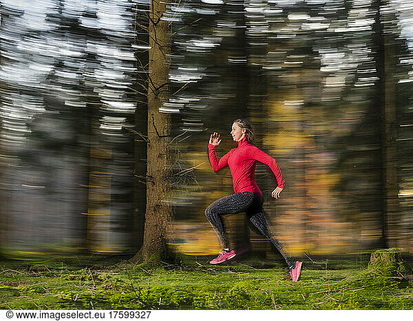 Active young woman jogging in forest