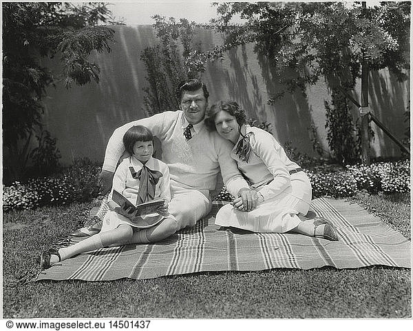 Actor George Bancroft  Portrait Sitting on Blanket with Wife Octavia Broske and Daughter Georgette  Santa Monica  California  USA  1920's