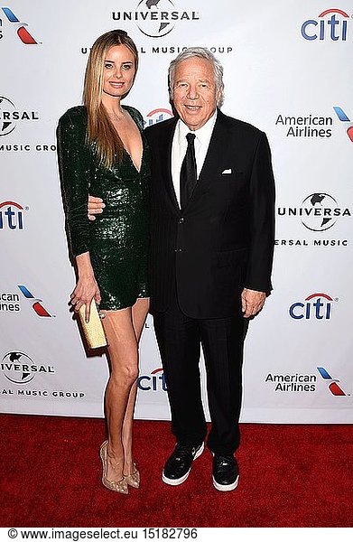 Actress Ricki Noel Lander (L) and New England Patriots Owner and CEO Robert Kraft arrive at Universal Music Group's 2016 GRAMMY After Party at The Theatre At The Ace Hotel on February 15  2016 in Los Angeles