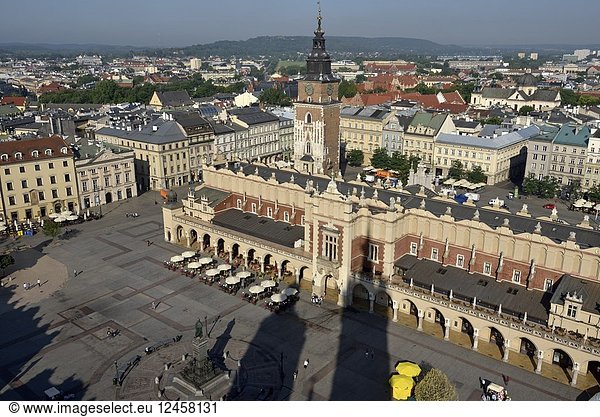 Adam Mickiewicz Monument  the Cloth Hall (Sukiennice) and Town Hall Tower seen from the highest tower of the St. Mary's Basilica  Rynek Glowny  the main square of the Old Town of Krakow  Malopolska Province (Lesser Poland)  Poland  Central Europe.