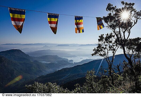 Adam's Peak (Sri Pada)  nebliger Bergblick mit buddhistischen Fahnen  zentrales Hochland von Sri Lanka  Asien