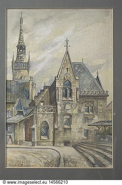 Adolf Hitler - a watercolour 'Munich register office'.  Very well executed painting on structured watercolour paper. Meticulously captured architecture  the Munich register office on the Petersbergl with the tower of the Old City Hall in the background. Titled on the lower left 'MÃ¼nchen Standesamt'  signed on the lower right 'A. Hitler'. Size 27 x 18 cm. Under glass  in mount and old wood frame  the reverse with the label of the original owner  the Munich arms manufacturer Adam Schork  who purchased the watercolour from Hitler in 1914. With a cover letter by Adam Schork who sent the watercolour to a Mu historic  historical  1910s  1920s  1930s  20th century  20th century  NS  National Socialism  Nazism  Third Reich  German Reich  Germany  German  National Socialist  Nazi  Nazi period  fascism  painting  paintings  fine arts  art  picture  pictures  illustrations
